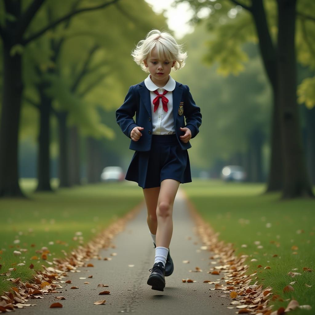  cinematic photo a student girl with short white curly hair and blue eyes feels a sharp stabbing pain in her side, one hand pressed to her side. scene in motion, running in the park, full height, side view. very tired. she's wearing school uniforms, socks above the knee, and heelless boots. high detail, dynamic scene, 4k . 35mm photograph, film, bokeh, professional, 4k, highly detailed