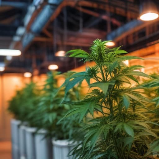 A lush and vibrant cannabis plant stands tall in a modern greenhouse, bathed in the warm glow of artificial grow lights. Its emerald leaves shimmer with dew, reflecting the promise of growth and prosperity in the booming cannabis industry. Surrounding the plant, shelves are stocked with nutrient-rich soil, advanced hydroponic systems, and cutting-edge technology, all poised to support the plant's vigorous upward climb towards success.