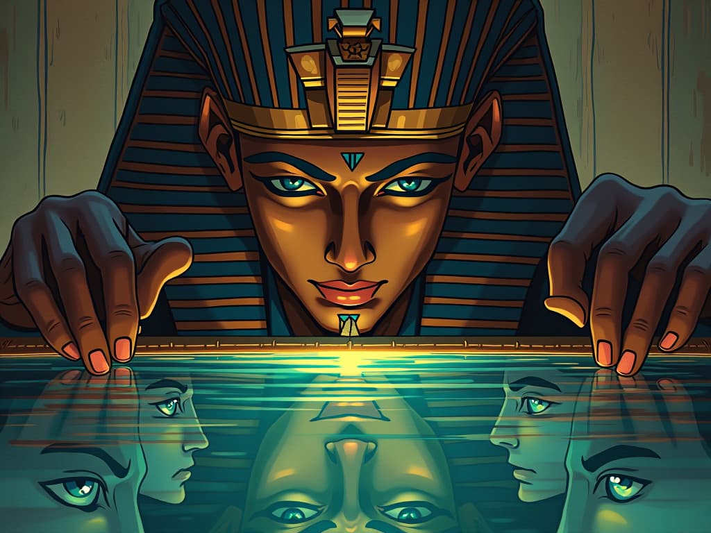  a pharaoh looking into a reflective pool that shows faces of various people, their eyes meeting his, symbolizing mutual recognition. the style is digital art illustration / modern comic book / mysterious occult, symbolic, esoteric vibe,high detail on character design, incorporating ancient egyptian symbology and attire.