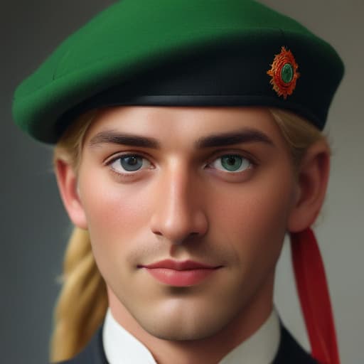 realistic style, Anatolian man with green eyes and blond hair, he is a man from high society, dressed in an early 20th century costume and a red fez.