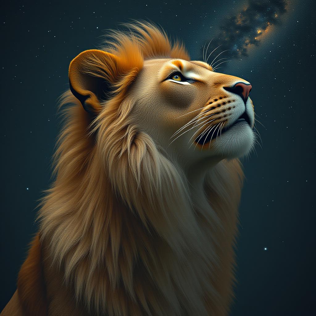  a girl resembling a lioness against a starry sky.