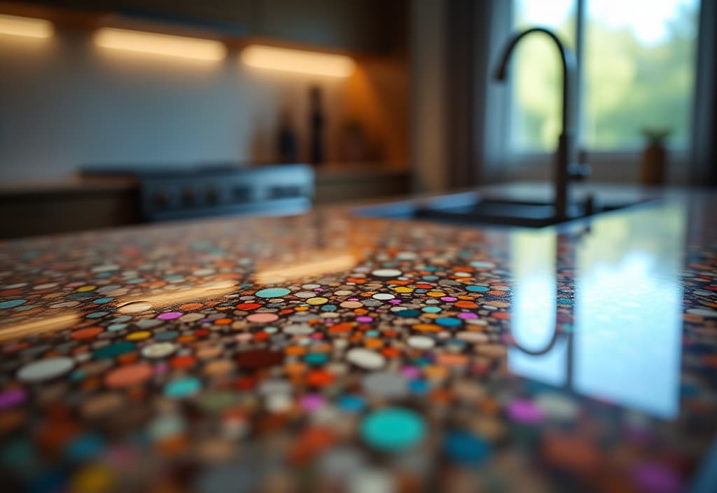  a landscape photo of an artistic, close up view of a kitchen countertop made from recycled glass, showcasing its unique, colorful speckled pattern and smooth surface hyperrealistic, full body, detailed clothing, highly detailed, cinematic lighting, stunningly beautiful, intricate, sharp focus, f/1. 8, 85mm, (centered image composition), (professionally color graded), ((bright soft diffused light)), volumetric fog, trending on instagram, trending on tumblr, HDR 4K, 8K