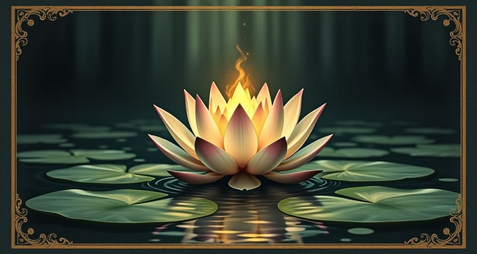  lotus, perfectly detailed, arising from darkness, glowing, serene water surface, ethereal purity.. an illustration in the style of a worn, mystical old tarot trump card, mysterious and elements of surrealism. the colors are muted, somber and eerie, but with contrast bring out an occult and esoteric vibe.