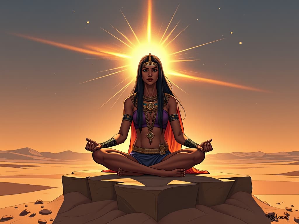  rabia of basra, sitting cross legged on a sandstone platform in serene desert, aura of divine light surrounding her, sense of spiritual ascension. the style is digital art illustration / modern comic book / mysterious occult, symbolic, esoteric vibe,high detail on character design, incorporating ancient egyptian symbology and attire.