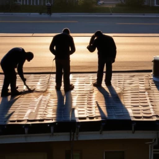 A photo of a team of roofing contractors inspecting a roof for repairs in a bustling urban neighborhood during the early morning light, where the soft, warm glow of the sunrise highlights the intricate details of their tools and equipment, casting long shadows across the textured surface of the roof. The contrast between the shadows and the gentle light creates a visually striking composition that emphasizes the skilled craftsmanship and dedication of the workers as they go about their morning routine.