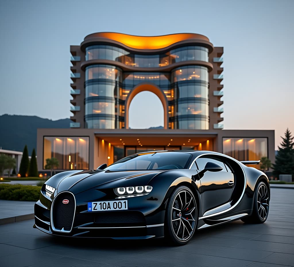  a black colored bugatti chiron in baku, azerbaijan in front of the flame towers with the registration plate number az 10 aa 001