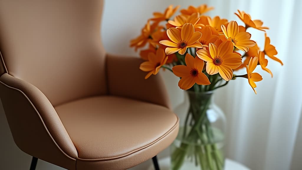  a brown chair next to a vase with orange flowers