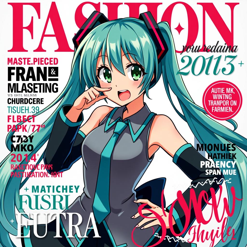  cover,1girl,hatsune miku, masterpiece, best quality,(magazine cover, fashionmagcover, english text, username, watermark, artist name, signature:1.1), award winning, professional, highly detailed, masterpiece