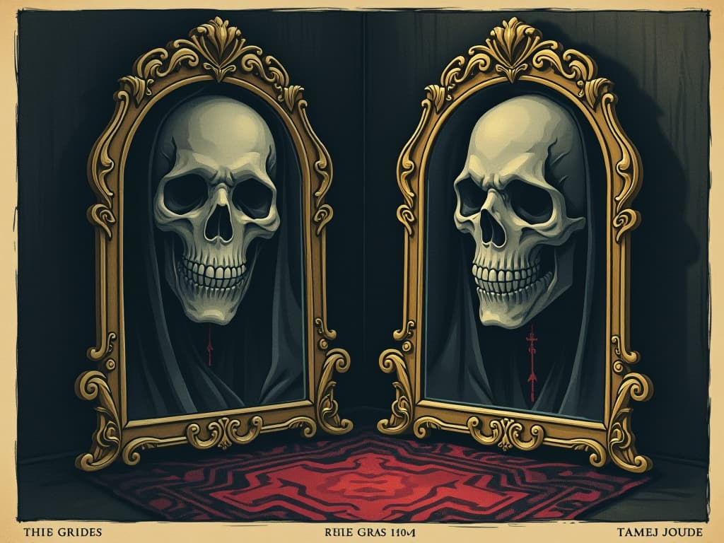  grim mirrors with twisted frames, shrouded in dull reflections and dark corners, shadows lurking, heavy and foreboding. an illustration in the style of a worn, mystical old tarot trump card, mysterious and elements of surrealism. the colors are muted, somber and eerie, but with contrast bring out an occult and esoteric vibe.