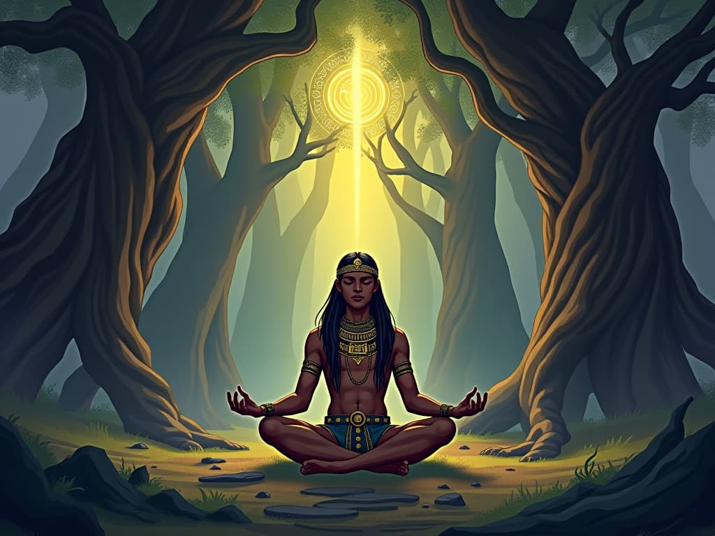  a young individual meditating in a sacred grove, surrounded by ancient trees and spiritual symbols, feeling a deep connection to the metaphysical and unseen worlds. the style is digital art illustration / modern comic book / mysterious occult, symbolic, esoteric vibe,high detail on character design, incorporating ancient egyptian symbology and attire.