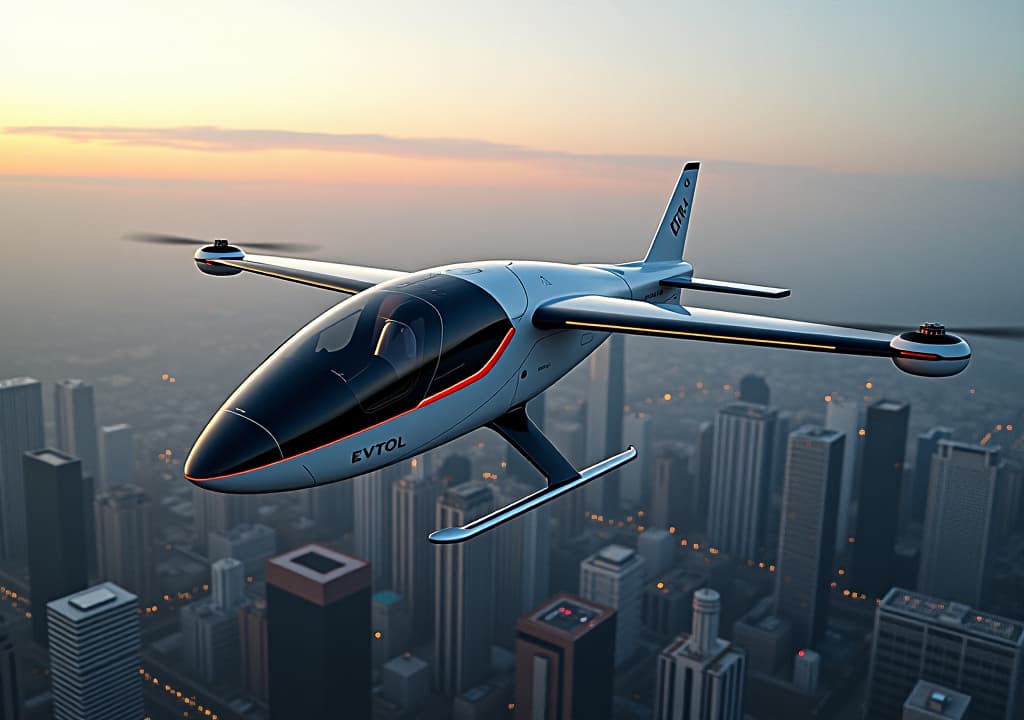  electric air taxi evtol soars high above the cityscape, illustrating the future concept of urban air mobility and innovative transportation solutions