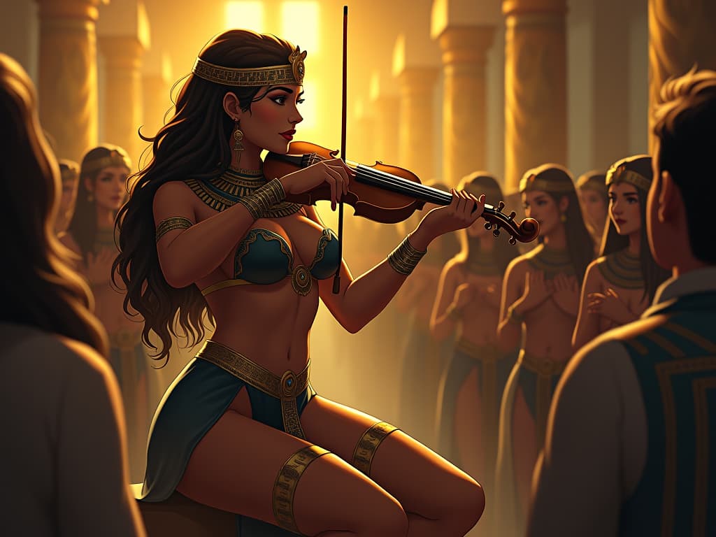  audience entranced by a skilled musician, large busted female figure in tight attire playing the instrument, golden glow, serene expression, mood of emotional stirring and admiration. the style is digital art illustration / modern comic book / mysterious occult, symbolic, esoteric vibe,high detail on character design, incorporating ancient egyptian symbology and attire.