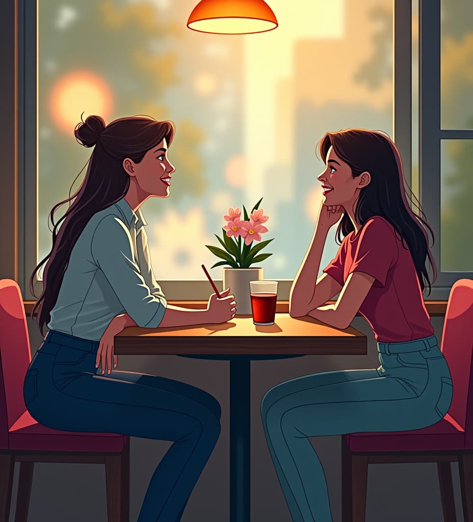  two women chatting at a table one women is sitting on the table second women standing next to the table, simple line art, casual wear, friendly atmosphere hyperrealistic, full body, detailed clothing, highly detailed, cinematic lighting, stunningly beautiful, intricate, sharp focus, f/1. 8, 85mm, (centered image composition), (professionally color graded), ((bright soft diffused light)), volumetric fog, trending on instagram, trending on tumblr, HDR 4K, 8K