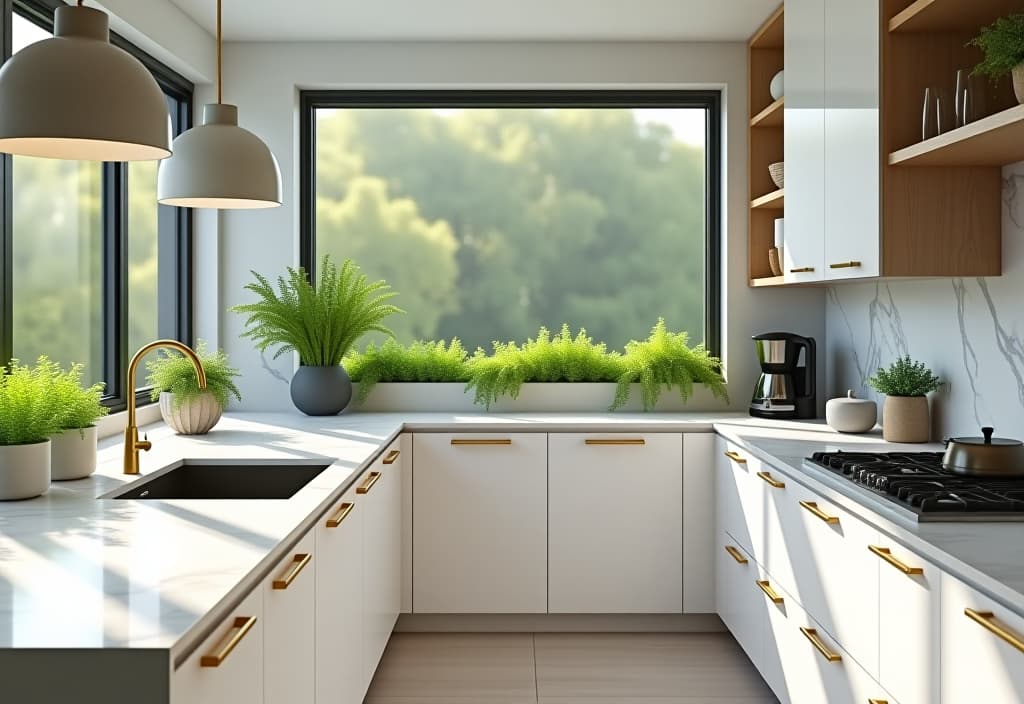  a landscape photo of a modern kitchen with sleek white cabinets, marble countertops, gold hardware, and a vibrant green herb garden on the windowsill hyperrealistic, full body, detailed clothing, highly detailed, cinematic lighting, stunningly beautiful, intricate, sharp focus, f/1. 8, 85mm, (centered image composition), (professionally color graded), ((bright soft diffused light)), volumetric fog, trending on instagram, trending on tumblr, HDR 4K, 8K