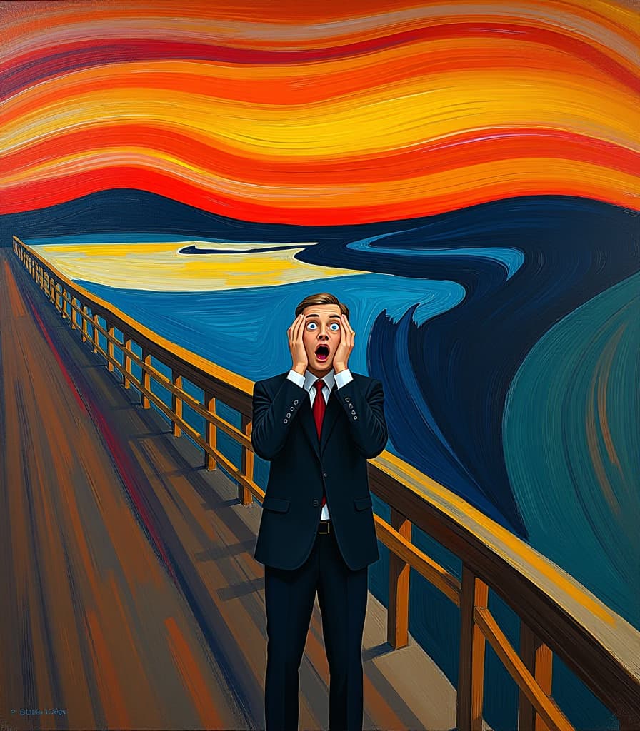  abstract expressionist painting masterpiece. (painting. painting “the scream” by norwegian expressionist painter edvard munch. ilon musk stands on a bridge with surprised eyes and open mouth and hands covering ears and cheeks from surprise:1.5). (intense close up:1.2). highly detailed strokes, clarity. surrealism, fantasy, expressionism. the style of the artist edvard munch:1.5.) . energetic brushwork, bold colors, abstract forms, expressive, emotional hyperrealistic, full body, detailed clothing, highly detailed, cinematic lighting, stunningly beautiful, intricate, sharp focus, f/1. 8, 85mm, (centered image composition), (professionally color graded), ((bright soft diffused light)), volumetric fog, trending on instagram, trending on tumblr, HDR 4K, 8K