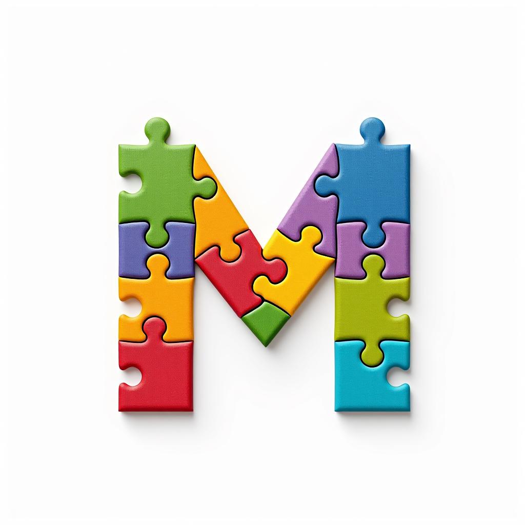  design a logo, abstract logo of letter m from colored puzzles on white background.