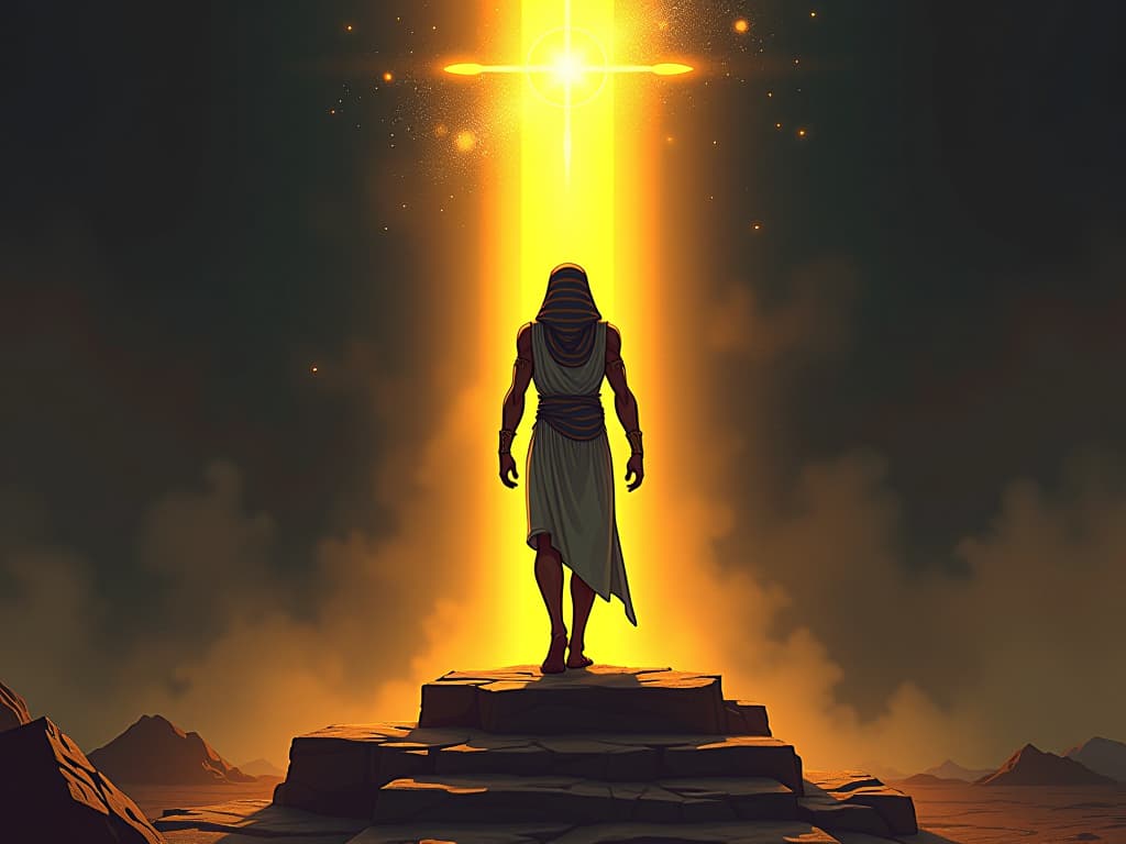  individual stepping into a beam of radiant light, shadows behind them, ancient egyptian symbols glowing, atmosphere of self realization and empowerment. the style is digital art illustration / modern comic book / mysterious occult, symbolic, esoteric vibe,high detail on character design, incorporating ancient egyptian symbology and attire.