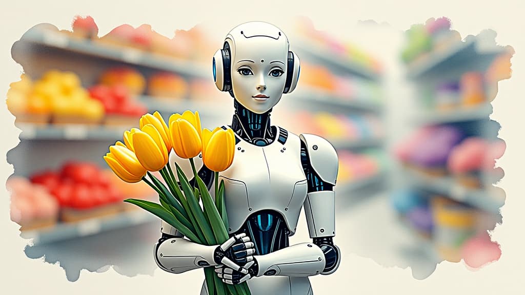  watercolor painting masterpiece. painting. (painting watercolor.beautiful girl android, robot, stands at full height, holding in her hand tulips yellow (five pieces:1.5) on the background of a flower store space:1.5). high sharpness, high detail, high resolution. style watercolor sergei andriyaki. leaks, stains. . vibrant, beautiful, painterly, detailed, textural, artistic