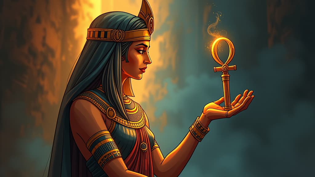  a comic book style draw of an ancient goddess offering a glowing ankh to a person, sense of audacity and reward, atmosphere of being unapologetically oneself. the style is digital art illustration / modern comic book / mysterious occult, symbolic, esoteric vibe,high detail on character design, incorporating ancient egyptian symbology and attire. hyperrealistic, full body, detailed clothing, highly detailed, cinematic lighting, stunningly beautiful, intricate, sharp focus, f/1. 8, 85mm, (centered image composition), (professionally color graded), ((bright soft diffused light)), volumetric fog, trending on instagram, trending on tumblr, HDR 4K, 8K