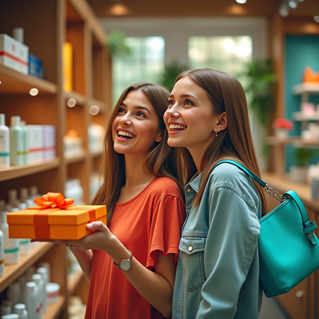  tilt shift photo of realistic image. two beautiful tall russian slim girls look at the wooden shelves of a cosmetics store with joyful surprised faces and eyes wide open, one girl holds a gift orange box in her hands, the second girl has a bright turquoise bag on her shoulder. background shop of cosmetics and perfumes, very high ceilings, beautiful interior, a lot of tropical vegetation, a lot of care and decorative cosmetics, summer, high resolution, clear faces not blurred, 4k . selective focus, miniature effect, blurred background, highly detailed, vibrant, perspective control hyperrealistic, full body, detailed clothing, highly detailed, cinematic lighting, stunningly beautiful, intricate, sharp focus, f/1. 8, 85mm, (centered image composition), (professionally color graded), ((bright soft diffused light)), volumetric fog, trending on instagram, trending on tumblr, HDR 4K, 8K