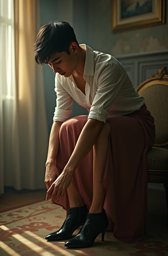  a man putting on high heels while in a skirt, realistic, portrait, art by donato giancola and greg rutkowski, realistic face, digital art, trending on artstation hyperrealistic, full body, detailed clothing, highly detailed, cinematic lighting, stunningly beautiful, intricate, sharp focus, f/1. 8, 85mm, (centered image composition), (professionally color graded), ((bright soft diffused light)), volumetric fog, trending on instagram, trending on tumblr, HDR 4K, 8K