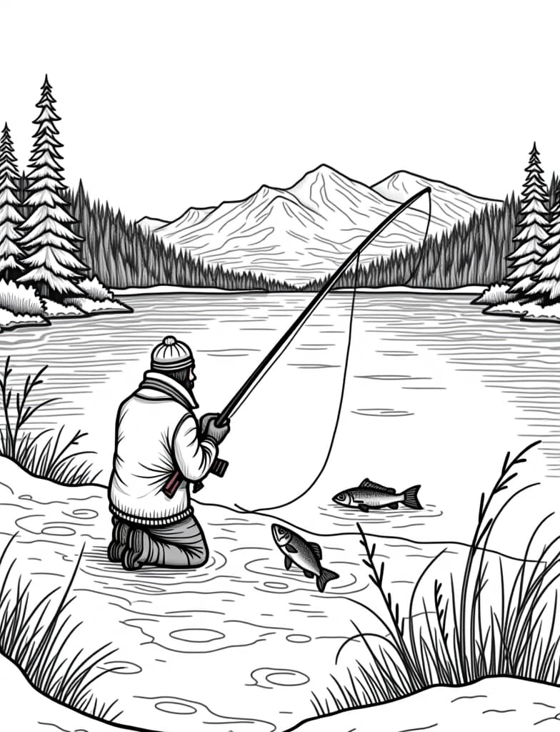  this is for an adult coloring page. a detailed black and white line art of a snowy ice fishing scene on a frozen lake on a solid white background.