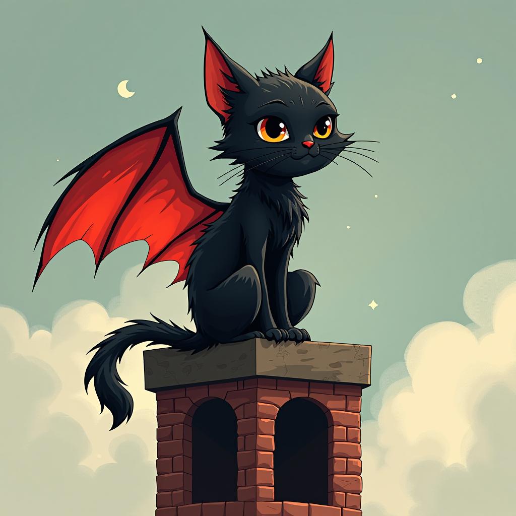  a little black cat with red wings is sitting on the tower.