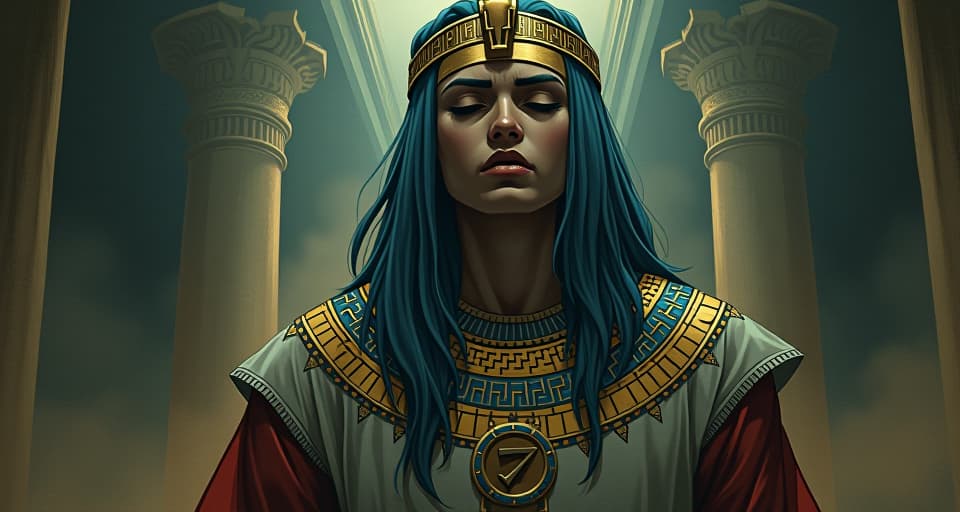  invisible force of silence, accuser's growing discomfort, unspoken pressure, suffocating atmosphere. the style is digital art illustration / modern comic book / mysterious occult, symbolic, esoteric vibe,high detail on character design, incorporating ancient egyptian symbology and attire.