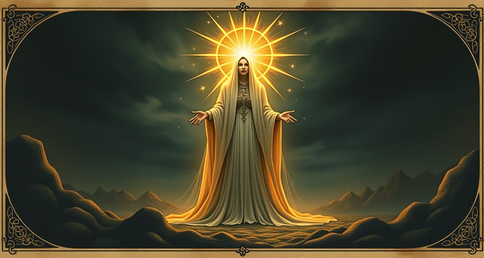  luminous figure radiating light, surrounded by darkness, glowing aura, stark contrast, divine power. an illustration in the style of a worn, mystical old tarot trump card, mysterious and elements of surrealism. the colors are muted, somber and eerie, but with contrast bring out an occult and esoteric vibe.