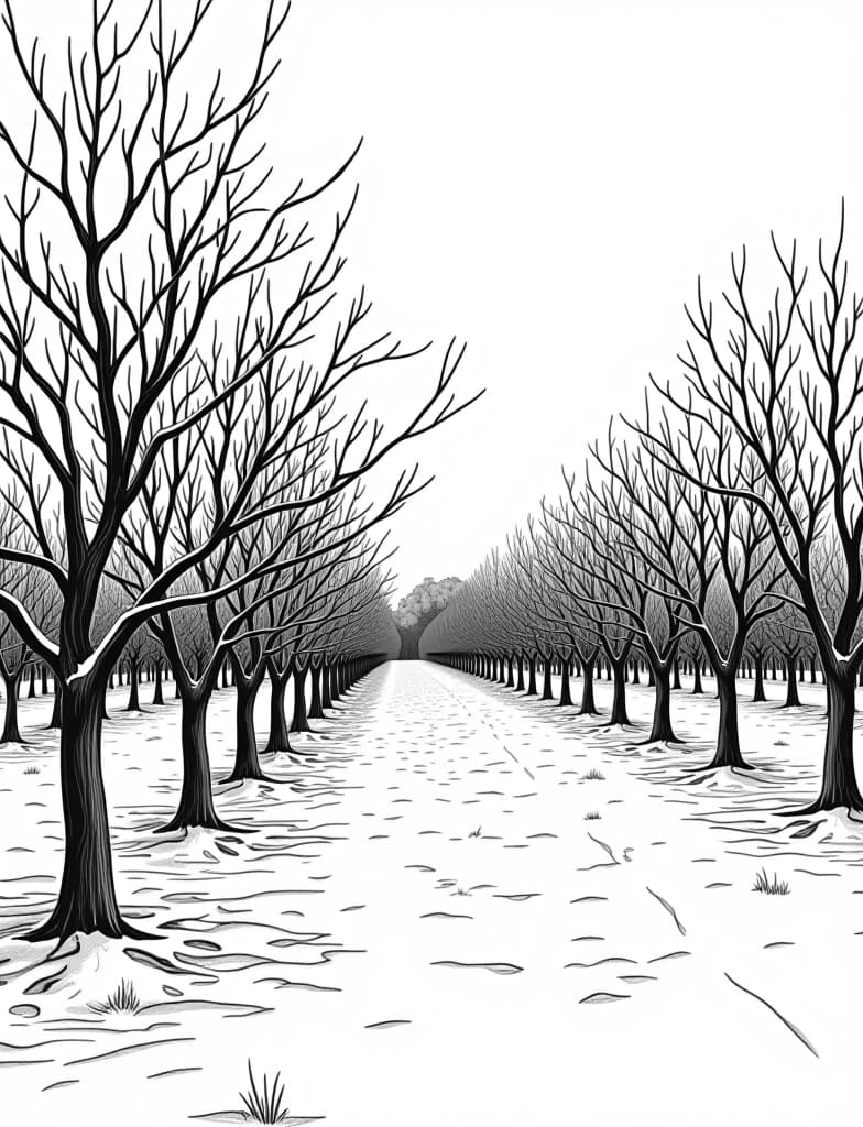  this is for an adult coloring page. a detailed black and white line art of a snowy snow covered orchard with bare fruit trees on a solid white background.