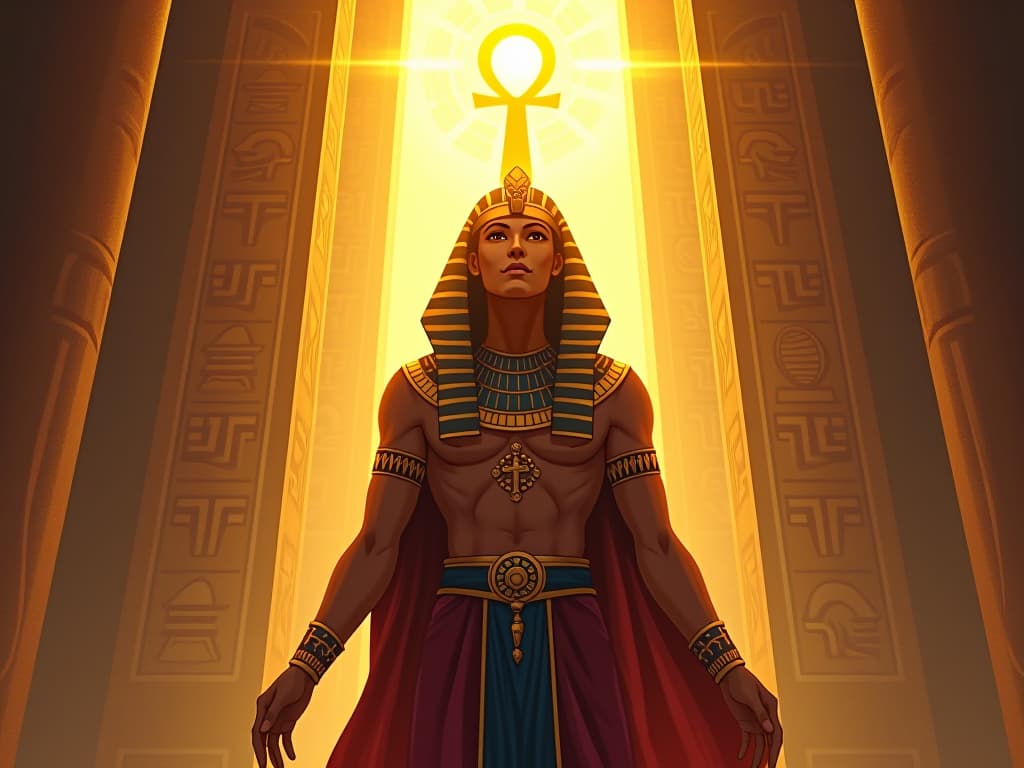  golden ankh, radiating light, floating above a sunlit temple, hieroglyphs glowing on the walls, ethereal and sacred. the style is digital art illustration / modern comic book / mysterious occult, symbolic, esoteric vibe,high detail on character design, incorporating ancient egyptian symbology and attire.