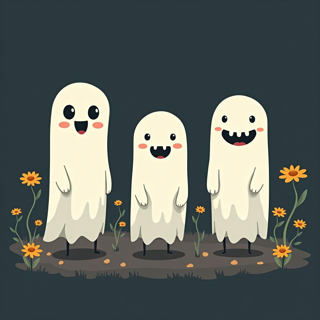  create a digital illustration featuring a row of three cute, cartoonish ghost characters, each with a different appearance, standing in different positions within sparse, life like wildflowers.