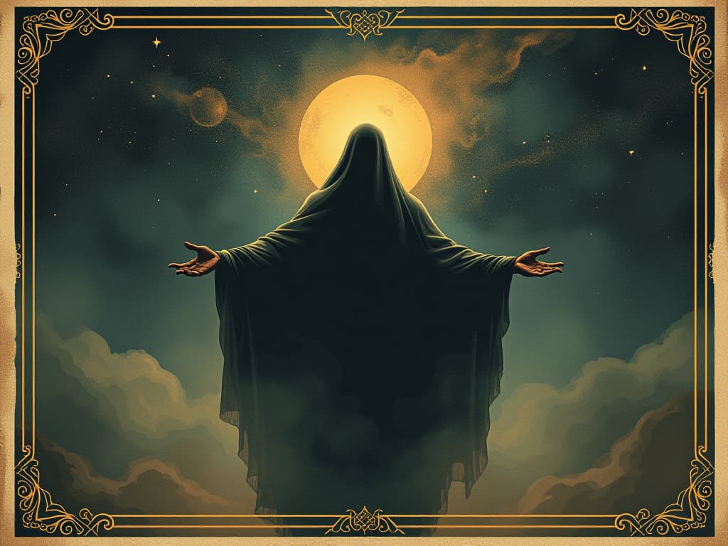  mystical figure with an expanding aura, silhouette dissolves into cosmos, celestial background, ethereal, transcendental. an illustration in the style of a worn, mystical old tarot trump card, mysterious and elements of surrealism. the colors are muted, somber and eerie, but with contrast bring out an occult and esoteric vibe.