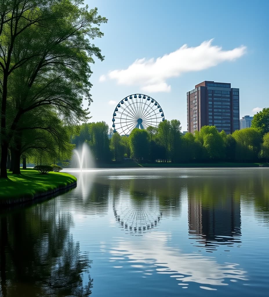  photo of a park in the city at 10 am, low cloud, pond, trees in the left part of the photo, ferris wheel and modern five storey buildings in the background, post processing, bright and sunny colors, emphasis on green, blue colors, shot on iphone