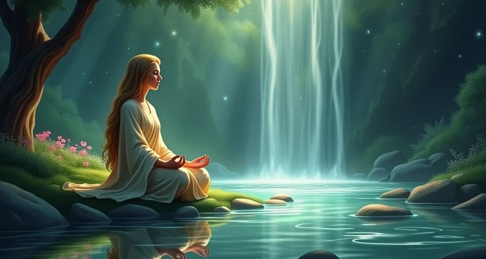  an ethereal figure in meditative pose, seated by a gently flowing, magical spring under a canopy of stars. the figure, dressed in radiant robes, exudes a sense of calm and focus, symbolizing the importance of prayer and meditation.. the style is digital art illustration,highly detailed, whimsical,magical, dreamlike atmosphere, realism and fantasy blend, smooth, glossy textures,luminous quality, wonder and enchantment.