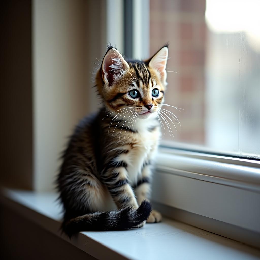  a little kitten is sitting on the windowsill.