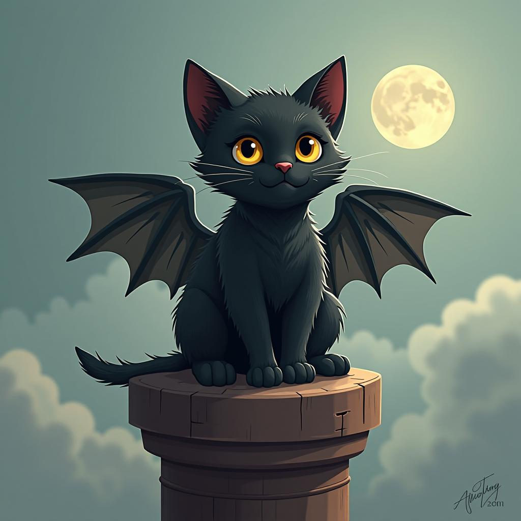  a little black cat with wings is sitting on a tower.