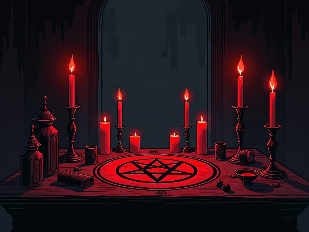  altar with red candles, various occult items, pentagram carved on the surface, shadowy atmosphere, air of mysticism and ritual. the style is digital art illustration / modern comic book / graphic dark novel fantasy and mysterious occult, symbolic, moody lighting, esoteric vibe,high detail on character design. for the color scheme emphasize blacks and reds.