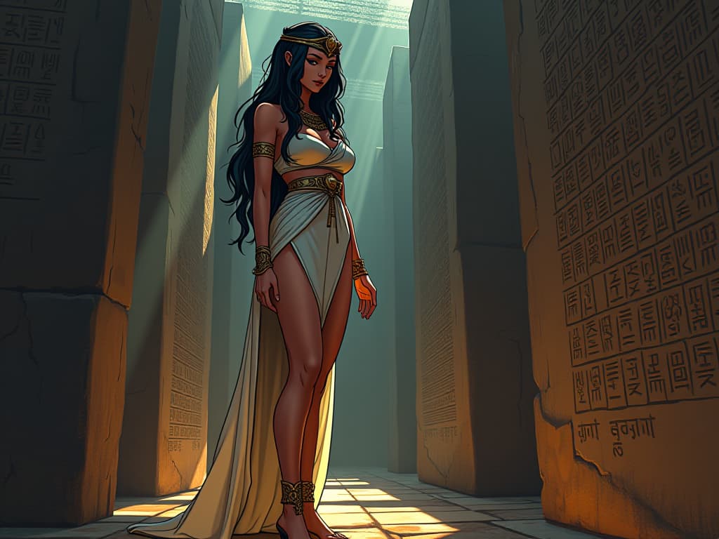  ancient stone tablets, covered in hieroglyphs, evening light casting soft shadows, mystical aura, large busted priestess in a tight dress reading inscriptions. the style is digital art illustration / modern comic book / mysterious occult, symbolic, esoteric vibe,high detail on character design, incorporating ancient egyptian symbology and attire.