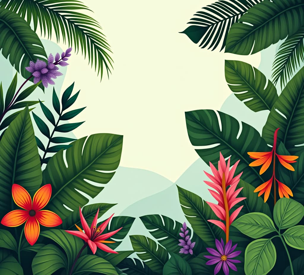  notanical herbal exotic tropical plants herbs flowers botanical foliage background nature jungle lanfscape. graphic art