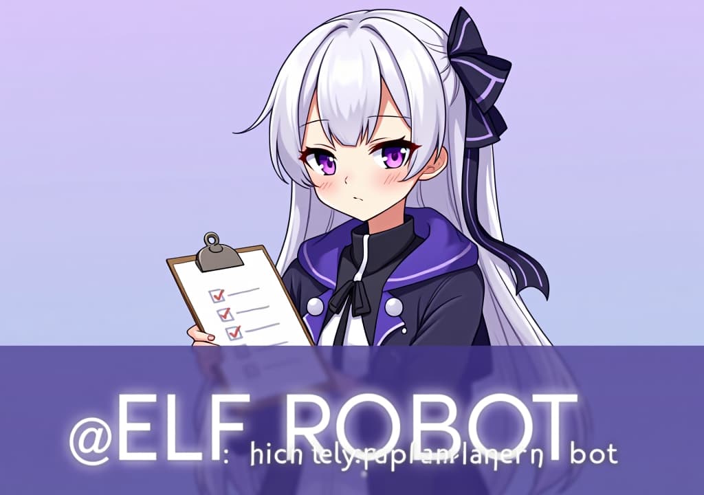  good quality, high quality, a thumbnail featuring emilia from re:zero, with her silver hair and purple eyes, holding a stylized clipboard with a checklist. the background is a soft gradient of purple and blue. a bold banner at the bottom reads, "no.1 telegram group management bot @elf robot" in large, white font with a slight drop shadow.