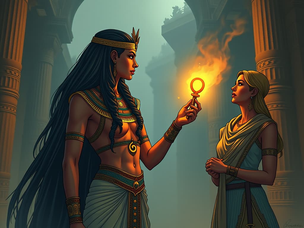  a comic book style draw of an ancient goddess offering a glowing ankh to a person, sense of audacity and reward, atmosphere of being unapologetically oneself. the style is digital art illustration / modern comic book / mysterious occult, symbolic, esoteric vibe,high detail on character design, incorporating ancient egyptian symbology and attire. hyperrealistic, full body, detailed clothing, highly detailed, cinematic lighting, stunningly beautiful, intricate, sharp focus, f/1. 8, 85mm, (centered image composition), (professionally color graded), ((bright soft diffused light)), volumetric fog, trending on instagram, trending on tumblr, HDR 4K, 8K