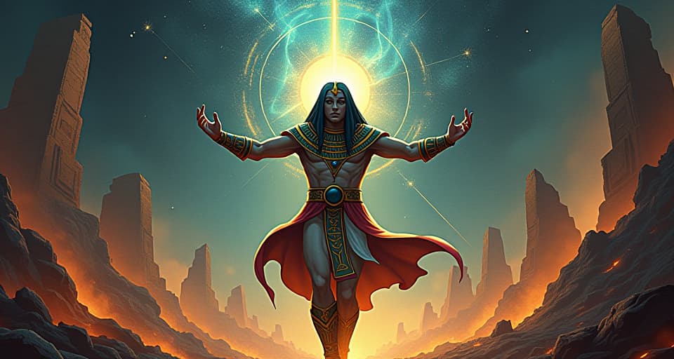  a cosmic scene of divine forces in motion, with a powerful figure in the center, cosmic energies swirling around, symbolizing their defeat the moment their plans were set in motion.. the style is digital art illustration / modern comic book / mysterious occult, symbolic, esoteric vibe,high detail on character design, incorporating ancient egyptian symbology and attire.