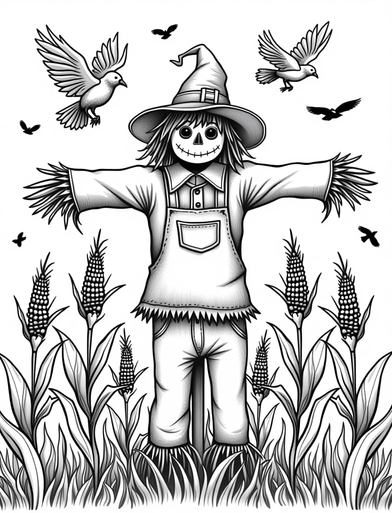  a scarecrow surrounded by corn stalks and crows in flight, black and white line art on a white background, for an adult coloring page.