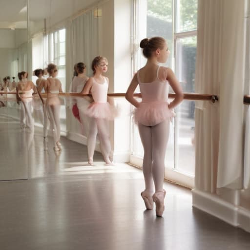 An image of a group of (((enthusiastic))) children wearing leotards and ballet slippers, looking towards a smiling instructor in front of them in a (((dance studio))) with mirrors on the walls and a ballet barre, doing basic ballet positions, soft natural light coming through large windows, detailed, realistic.