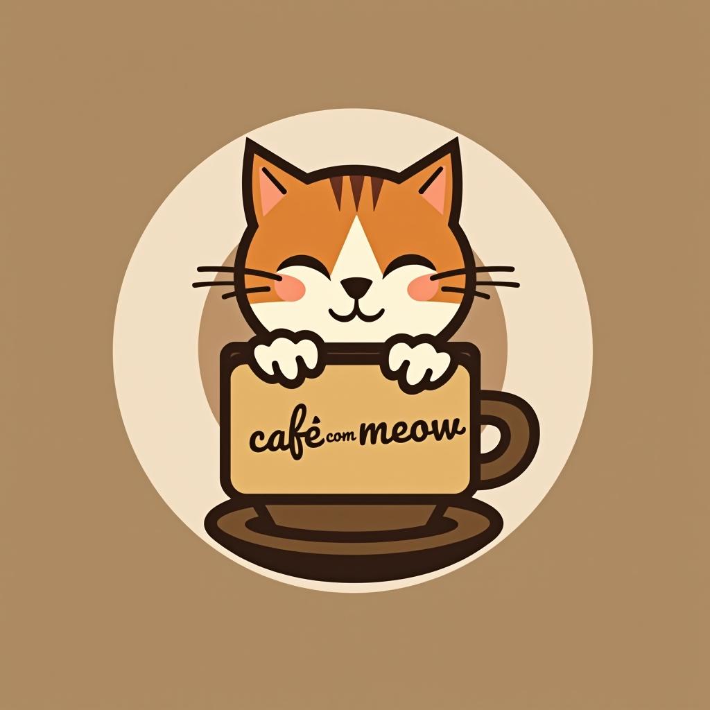  design a logo, cafeteria col logo de uma gato dentro de uma xicara de café segurando uma placa de me adote, with the text 'café com meow'.