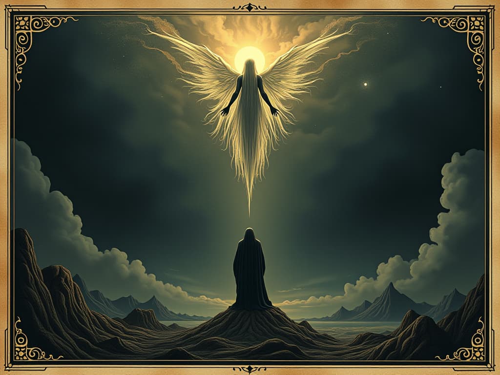  a soul, luminous and ethereal, floating above a shadowed landscape, tendrils of light extending upward, vast cosmos above, illuminating darkness, yearning for transcendence. an illustration in the style of a worn, mystical old tarot trump card, mysterious and elements of surrealism. the colors are muted, somber and eerie, but with contrast bring out an occult and esoteric vibe.