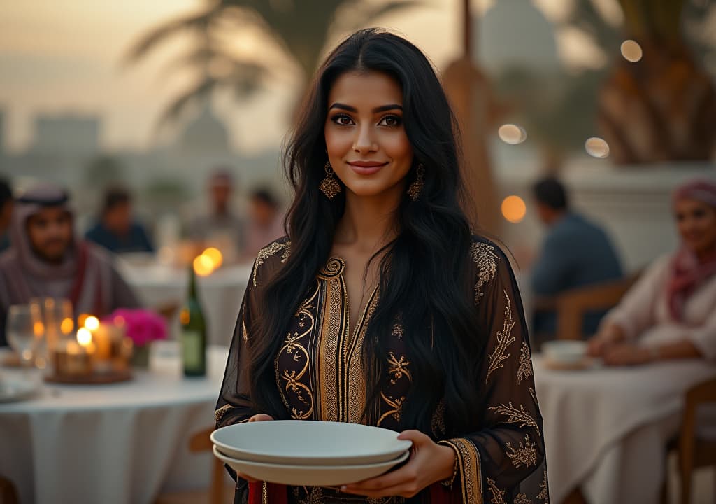  a portrait of a female arab singer looks like donia samir ghanim wearing a kaftan traditional qatar cloth,long black hair in a family gathering in an outdoor setting, family setting up tables, carrying plates with joy, for iftar of ramadan in an enchanting family joyful atmosphere with qatar landmark in the background, high quality, high details, hd, perfect composition, 4k epic detailed, highly detailed, sharp focus, high resolution