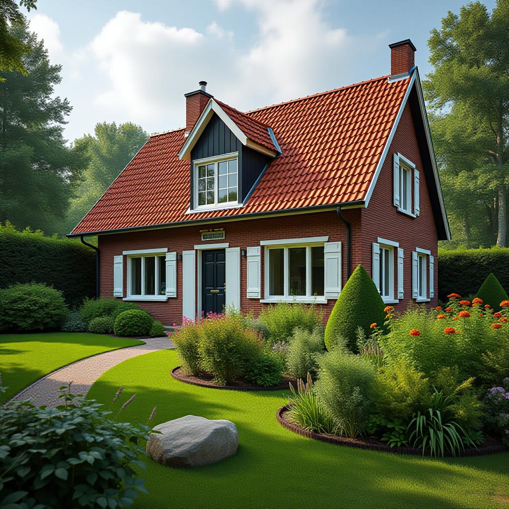  a dutch house in the nature, with dutch / german shades for the windows. white shades. red stones. beautiful garden. photorealistic