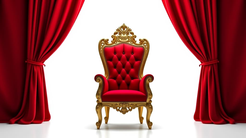  antique armchair in the interior, the throne room with gold royal chair on a white background of red curtains. place for the king. throne, luxury armchair,